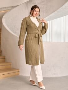 Mulvari Plus Solid Belted Cardigan - Khaki - View 3
