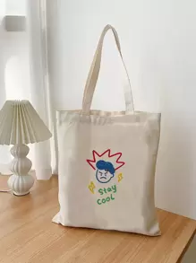 Men Slogan & Figure Graphic Shopper Bag Beach Bag Shopping Bag Reusable Bag Duffle Bag, Schoolbag For Travel, College, School - Beige - View 1