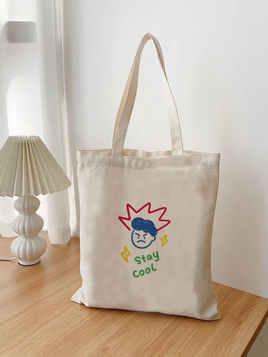 Men Slogan & Figure Graphic Shopper Bag Beach Bag Shopping Bag Reusable Bag Duffle Bag, Schoolbag For Travel, College, School - Beige - View 1