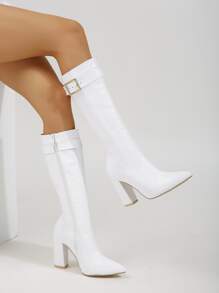 Buckle Decor Zip Side Chunky Heeled Boots - White - View 1