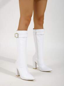 Buckle Decor Zip Side Chunky Heeled Boots - White - View 3