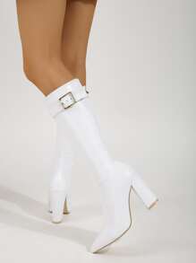 Buckle Decor Zip Side Chunky Heeled Boots - White - View 4