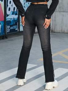 Jeans de pierna amplia ribete crudo - Negro - Ver 2