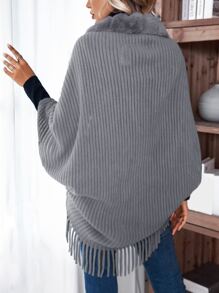 SHEIN LUNE Solid  Fuzzy Fringe Trim Dolman Sleeve Cardigan - Dark Grey - View 2