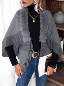 SHEIN LUNE Solid  Fuzzy Fringe Trim Dolman Sleeve Cardigan - Dark Grey - View 3