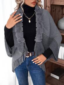 SHEIN LUNE Solid  Fuzzy Fringe Trim Dolman Sleeve Cardigan - Dark Grey - View 4