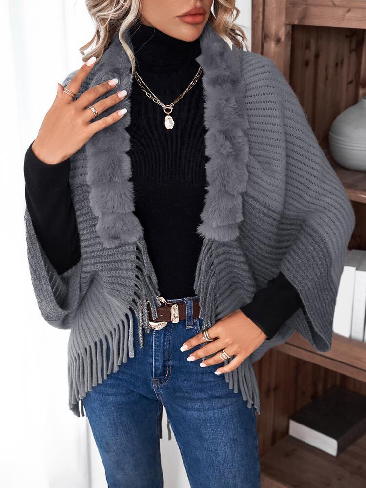 SHEIN LUNE Solid  Fuzzy Fringe Trim Dolman Sleeve Cardigan - Dark Grey - View 4