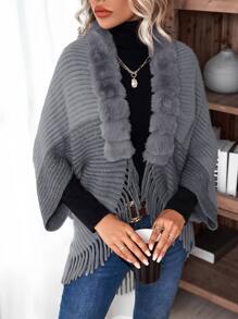 SHEIN LUNE Solid  Fuzzy Fringe Trim Dolman Sleeve Cardigan - Dark Grey - View 5