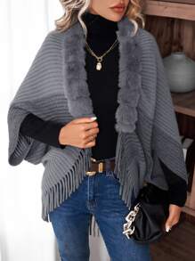 SHEIN LUNE Solid  Fuzzy Fringe Trim Dolman Sleeve Cardigan - Dark Grey - View 6