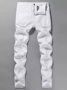 Manfinity LEGND 男式棉质破洞紧身磨边牛仔裤纯色修身长款白色工装牛仔裤，适合送给老公、男朋友的礼物