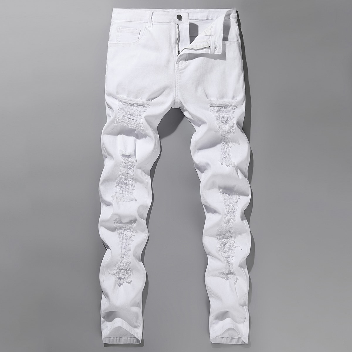 Jeans ajustados de hombre de algodón rotos y deshilachados, jeans cargo largos delgados de color blanco liso, para obsequio del esposo o novio