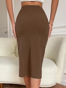 Chiquease High Waist Solid Ribbed Knit Slit Skirt - Coffee Brown - View 2