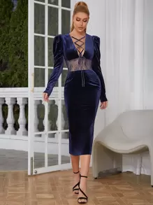 Lace Up Front Gigot Sleeve Lace Insert Velvet Bodycon Dress - Navy Blue - View 1