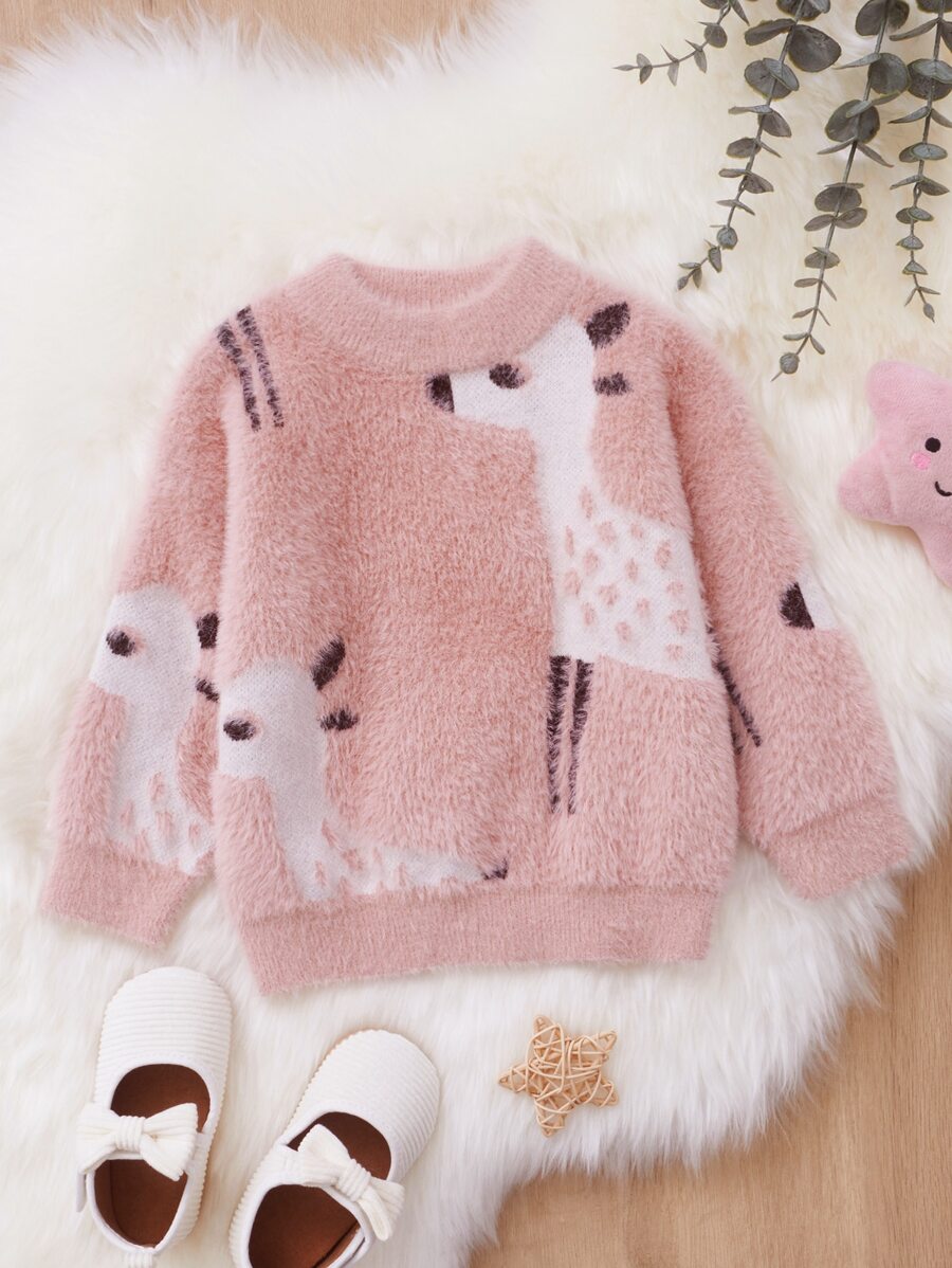 嬰兒卡通圖案絨毛針織套頭毛衣 - 粉色 - 查看 1