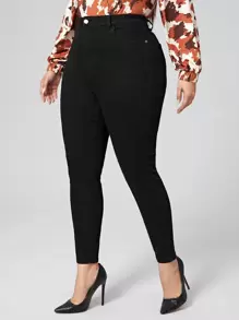 Plus Size Front Button Pocket Simple Denim Jeans, Casual Everyday Wear