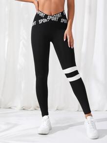 Striped And Letter Graphic Sports Leggings - Black - View 1