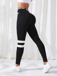 Striped And Letter Graphic Sports Leggings - Black - View 2