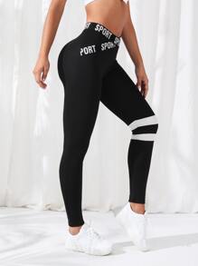 Striped And Letter Graphic Sports Leggings - Black - View 3