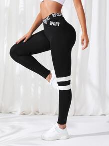 Striped And Letter Graphic Sports Leggings - Black - View 4