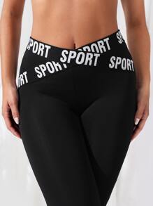 Striped And Letter Graphic Sports Leggings - Black - View 5