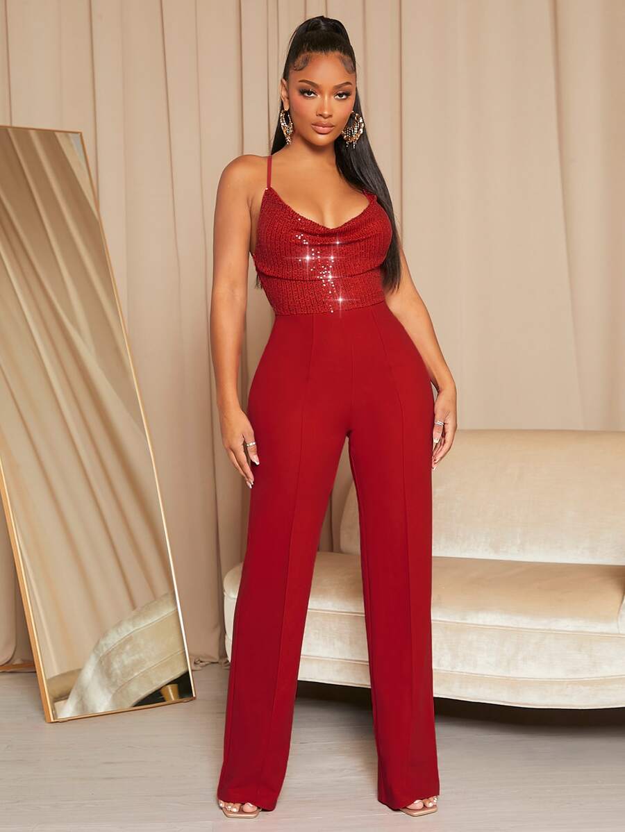 SHEIN SXY Sequin Insert Draped Collar Cami Jumpsuit - Red - View 1