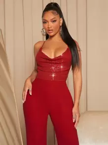 SHEIN SXY Sequin Insert Draped Collar Cami Jumpsuit - Red - View 3