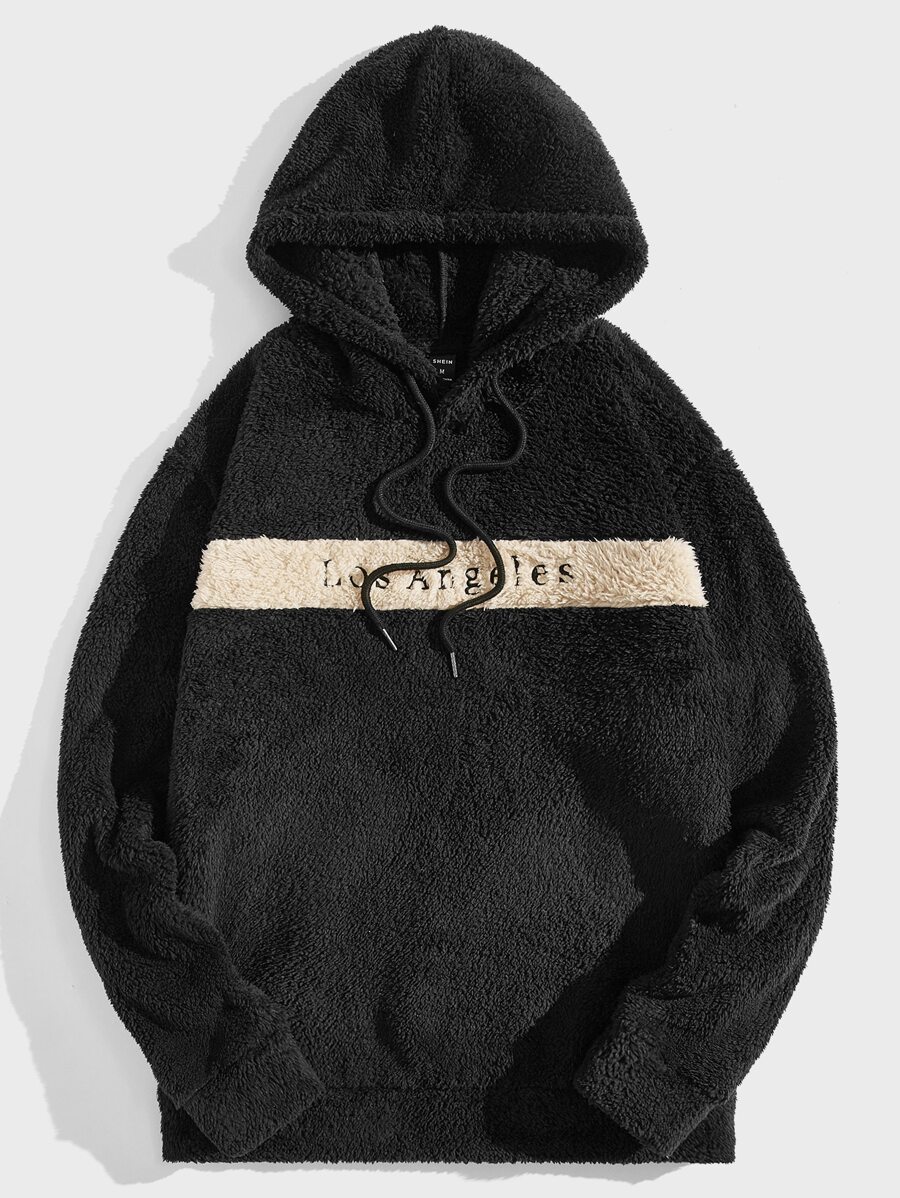Manfinity VCAY Men Letter Embroidery Drawstring Coral Fleece Hoodie ...
