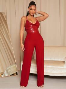 SHEIN SXY Sequin Insert Draped Collar Cami Jumpsuit - Red - View 5