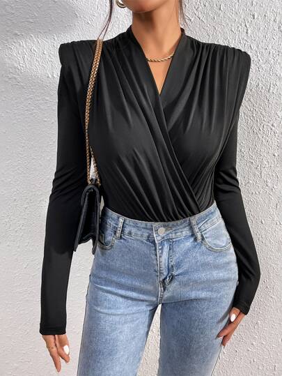 Firerie Women's Elegant Solid Color Long Sleeve Crossover Bodysuit