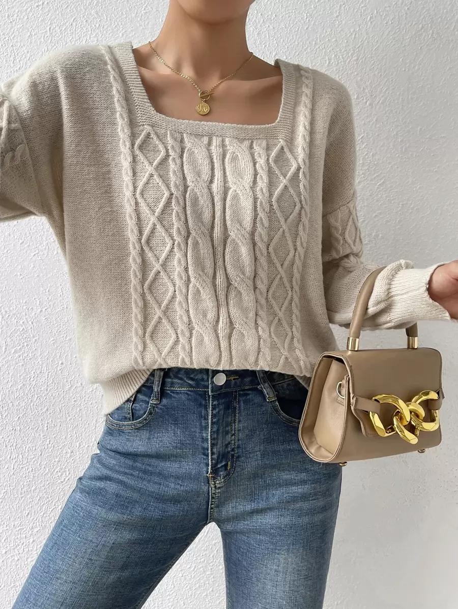 SHEIN Privé Square Neck Drop Shoulder Cable Knit Jumper - Apricot - View 1