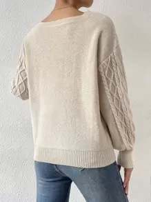 SHEIN Privé Square Neck Drop Shoulder Cable Knit Jumper - Apricot - View 2