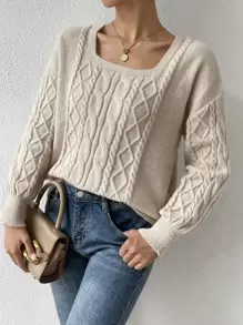 SHEIN Privé Square Neck Drop Shoulder Cable Knit Jumper - Apricot - View 4