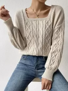 SHEIN Privé Square Neck Drop Shoulder Cable Knit Jumper - Apricot - View 5