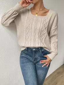 SHEIN Privé Square Neck Drop Shoulder Cable Knit Jumper - Apricot - View 6