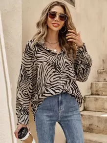 SHEIN Frenchy 斑馬條紋落肩袖襯衫 - 彩色 - 查看 1