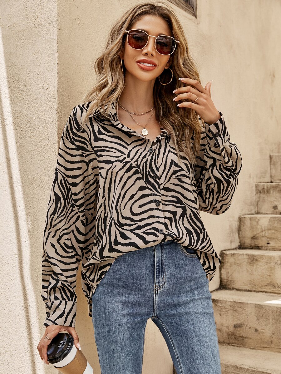 SHEIN Frenchy 斑馬條紋落肩袖襯衫 - 彩色 - 查看 1