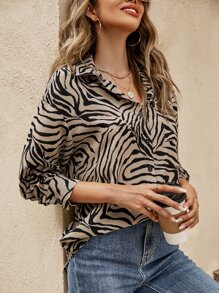SHEIN Frenchy 斑馬條紋落肩袖襯衫 - 彩色 - 查看 3