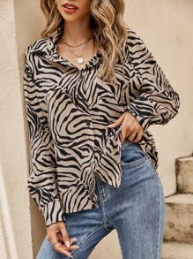 SHEIN Frenchy 斑馬條紋落肩袖襯衫 - 彩色 - 查看 5