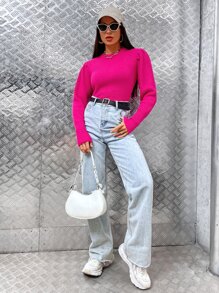 SHEIN EZwear Solid Gigot Sleeve Jumper - Hot Pink - View 1