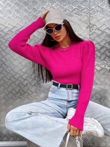 SHEIN EZwear Solid Gigot Sleeve Jumper - Hot Pink - View 3