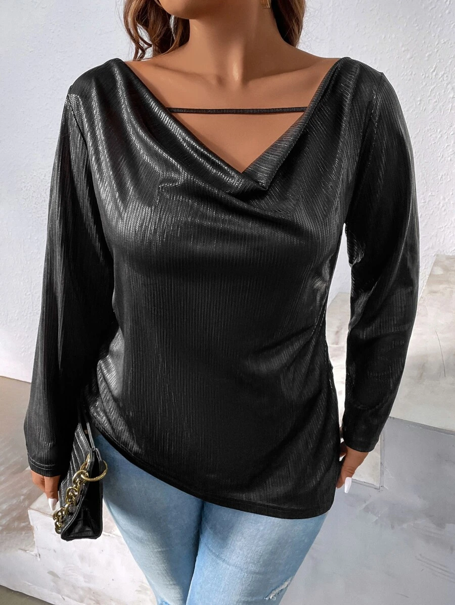 SHEIN Clasi Plus Draped Collar Cut Out Metallic Tee - Black - View 1