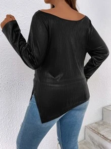 SHEIN Clasi Plus Draped Collar Cut Out Metallic Tee - Black - View 2