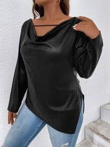 SHEIN Clasi Plus Draped Collar Cut Out Metallic Tee - Black - View 4