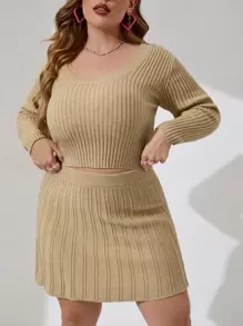 SHEIN Unity Plus Solid Ribbed Knit Jumper & Knit Skirt - Khaki - View 5