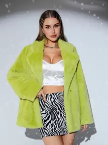SHEIN BAE Lapel Neck Fuzzy Coat - Lime Green - View 1