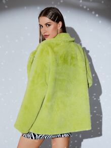 SHEIN BAE Lapel Neck Fuzzy Coat - Lime Green - View 2