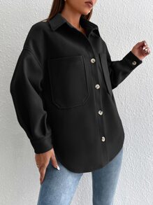 SHEIN PETITE Dual Pocket Drop Shoulder Overcoat In Fall/Winter - Black - View 3