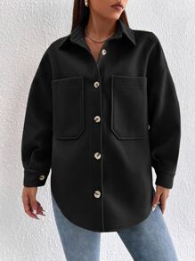 SHEIN PETITE Dual Pocket Drop Shoulder Overcoat In Fall/Winter - Black - View 5