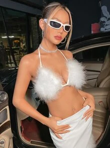 SHEIN ICON 毛茸邊後背繫帶繞頸短上衣 - 白色 - 查看 5