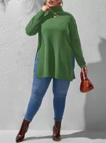 Calvaya Plus Turtleneck Split Hem Jumper - Green - View 3